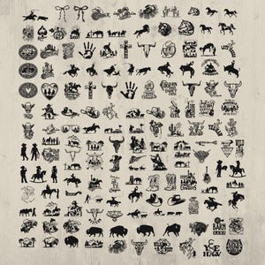 May include: A collection of black and white Western-themed illustrations. The images include cowboys, horses, cowboy hats, boots, longhorn skulls, and various other related graphics. The illustrations are arranged in a grid pattern on a light beige background.