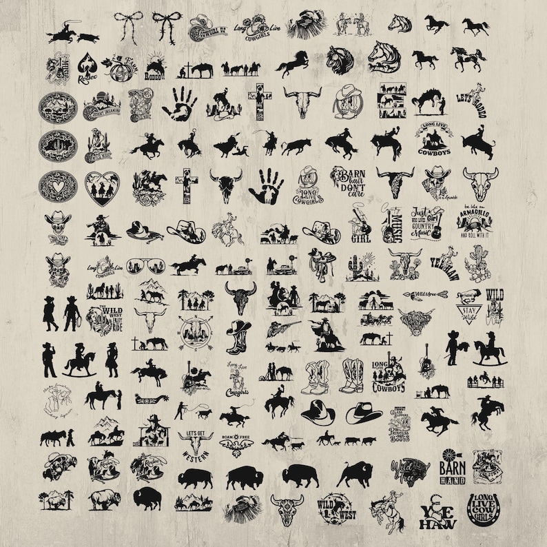 May include: A collection of black and white Western-themed illustrations. The images include cowboys, horses, cowboy hats, boots, longhorn skulls, and various other related graphics. The illustrations are arranged in a grid pattern on a light beige background.