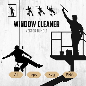 Puede incluir: Un paquete vectorial en blanco y negro con siluetas de limpiadores de ventanas en varias poses. El texto "WINDOW CLEANER VECTOR BUNDLE" se muestra de forma destacada. También se incluyen iconos de tipo de archivo para Ai, eps, svg y PNG.