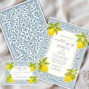 Lemon Tile Wedding Invitation| Italian Blue Scroll Editable Template| Amalfi Coast Wedding Download