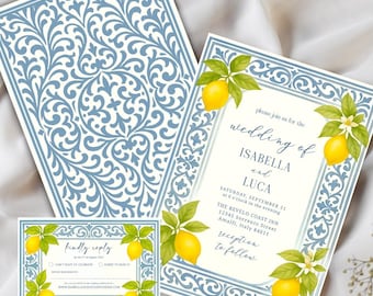 Lemon Tile Wedding Invitation| Italian Blue Scroll Editable Template| Amalfi Coast Wedding Download