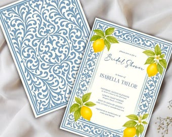 Lemon Tile Bridal Shower Invitation| Italian Blue Scroll Editable Templates| Amalfi Coast Wedding Download