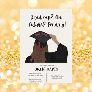 Birrete de graduación en el futuro pendiente de invitación | Invitación editable a fiesta de graduación | Ilustración de niña graduada | Plantilla de Canva | Descarga digital