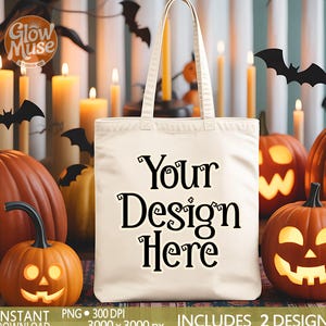 ハロウィンナチュラルトートバッグモックアップ、キャンバスハロウィンバッグモックアップ、トートバッグモックアップ、トリックオアトリートバッグモックアップ、秋モックアップ、デジタルダウンロード