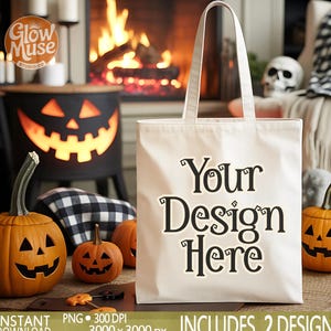 ハロウィントートバッグモックアップ、キャンバスバッグモックアップ、トリックオアトリートハロウィンモックアップ、ホワイトハロウィントートバッグモックアップ、秋バッグ即時ダウンロード