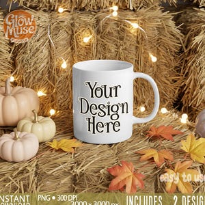 White Mug Mockup, Summerween Coffee Cup Mock-up, Autumn Ceramic White Mug Mockup Halloween, 11oz POD Mug, Spooky Fall Haybale Pumpkin Mocks