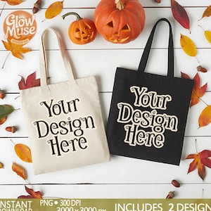 キャンバストートバッグモックアップ、ハロウィントートバッグモックアップ、スタイルストックフォト、PNGデジタルダウンロード、ナチュラルキャンバストートバッグモックアップ、秋トートバッグ