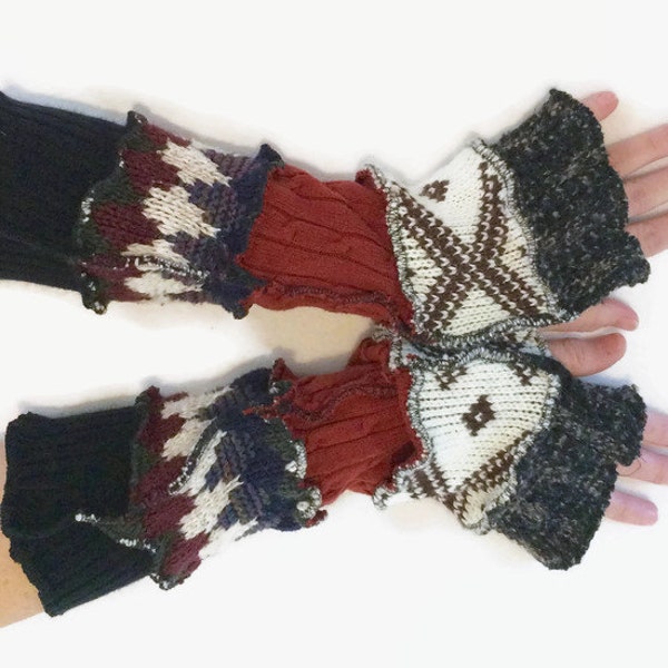 Upcycled Fingerless Gloves  Brown Cream Black Armwarmers Recycled Wrist warmers Stripe Knit Fingerless Mittens fashion accessories