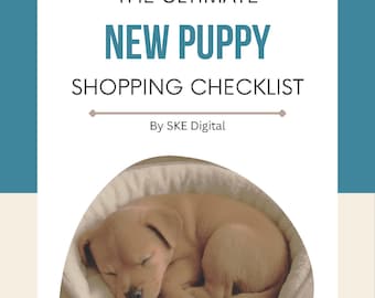 May include: A digital checklist titled "THE ULTIMATE NEW PUPPY SHOPPING CHECKLIST" with a sleeping puppy in a dog bed. The puppy is light brown, curled up in a beige bed with a bone-shaped toy. The text is in a teal and white colour scheme.