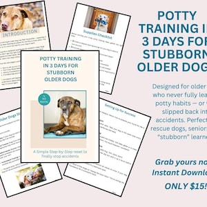 May include: A digital guide titled "Potty Training in 3 Days for Stubborn Older Dogs." The cover features a dog image. The guide is designed for older dogs, rescue dogs, and those with potty training challenges. Includes the text "Instant Download."