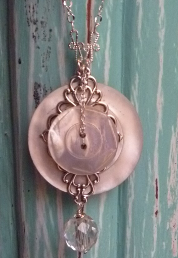 Large vintage button pendant with filigree and crystal drop Etsy