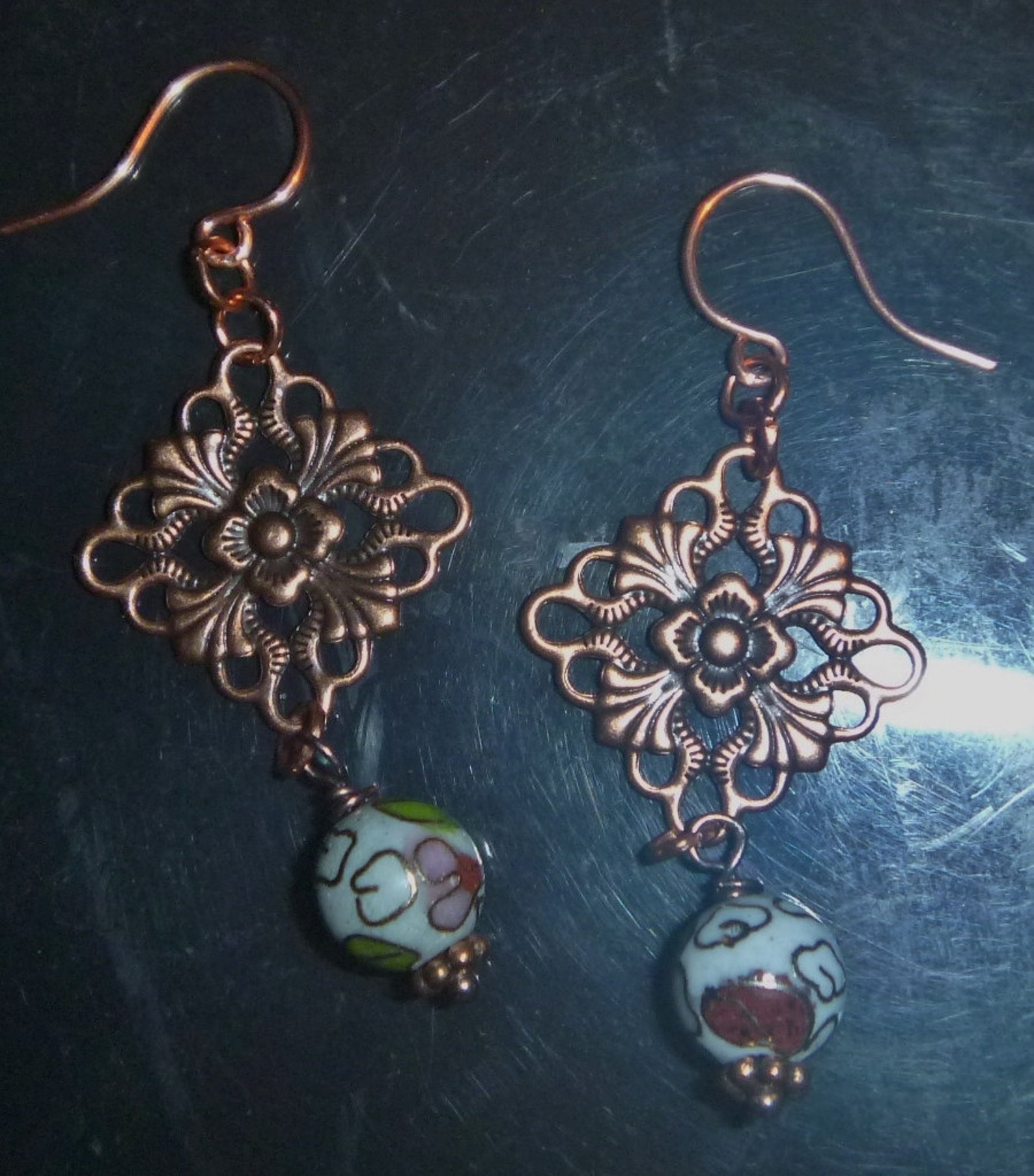 Vintage Look Copper Earrings With White Pink and Green Etsy