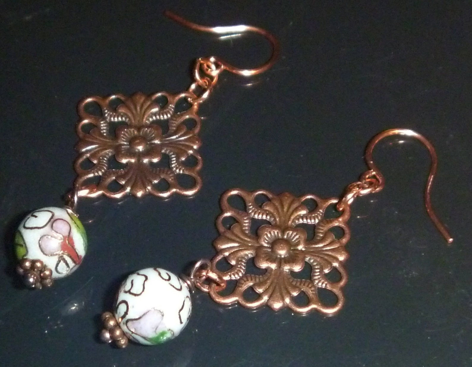 Vintage Look Copper Earrings With White Pink and Green Etsy