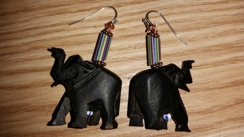 Carved Wooden Elephant Earrings With Sterling Hooks And