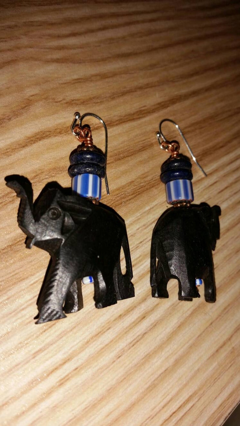 Carved Wooden Elephant Earrings With Sterling Hooks And Lapis