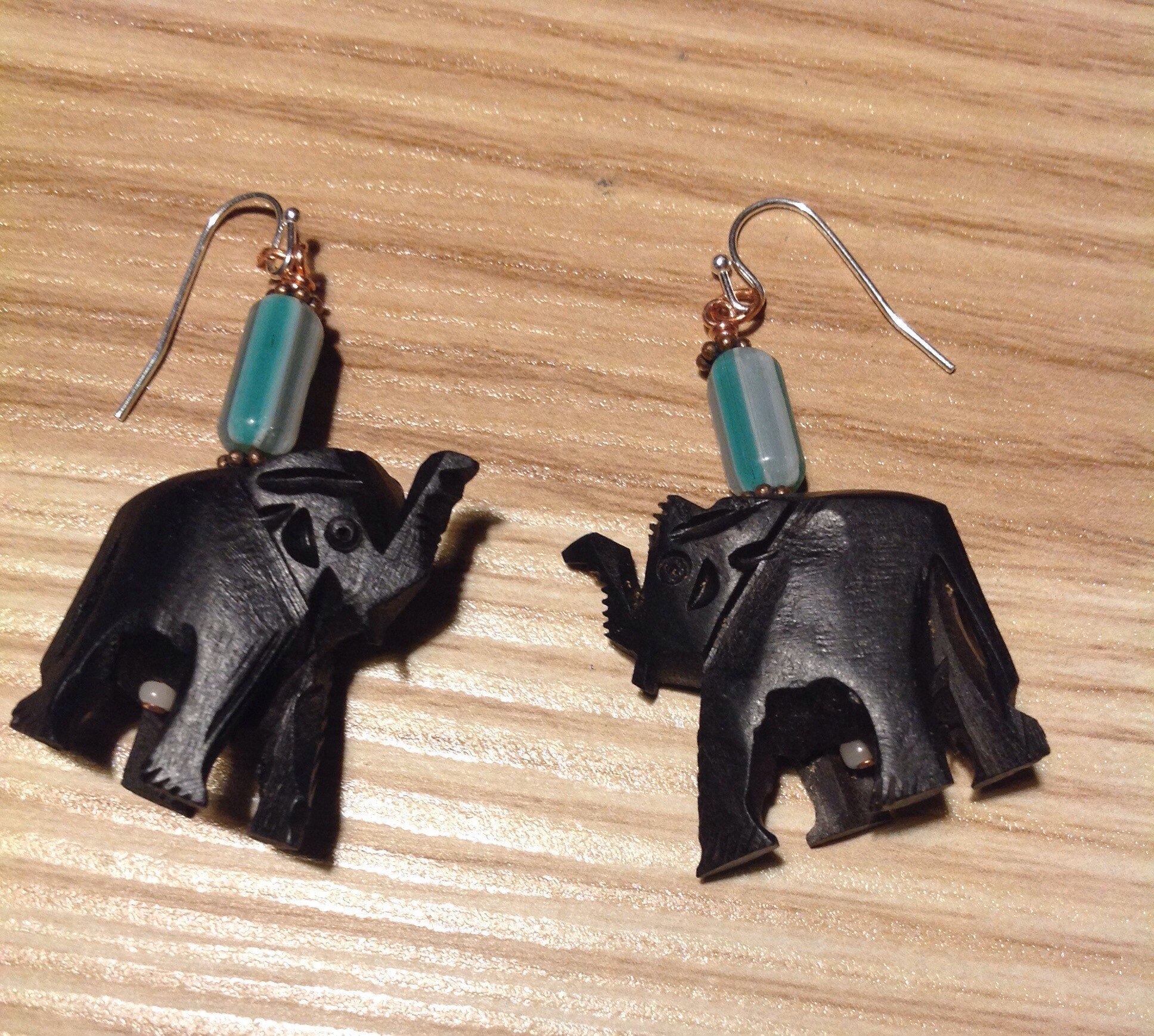 Carved Wooden Elephant Earrings With Sterling Hooks And Aqua 50