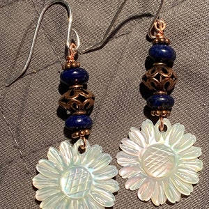 Carved mother of pearl sunflower with lapis lazuli and copper beads on sterling silver hooks