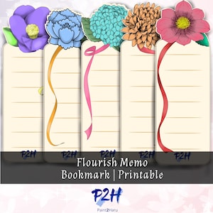 May include: Five printable memo bookmarks with floral designs. Each bookmark features a different flower: purple, blue, teal, orange, and pink. The bookmarks have a cream background with horizontal lines and a ribbon.