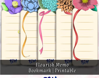 May include: Five printable memo bookmarks with floral designs. Each bookmark features a different flower: purple, blue, teal, orange, and pink. The bookmarks have a cream background with horizontal lines and a ribbon.