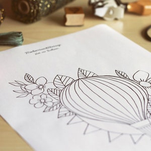PDF Digital Download - Vintage Floral Hot Air Balloon Embroidery Printable Pattern. Hand Embroidery Pattern PDF. Design for hand embroidery.