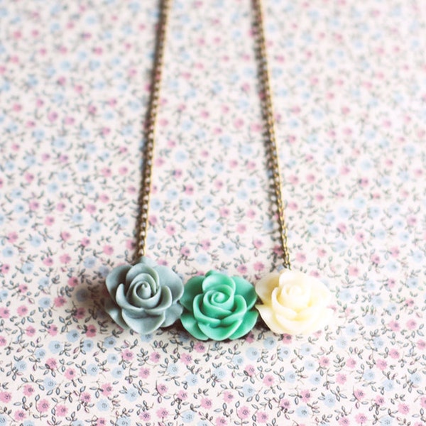 Flower Cabochon Necklace.Floral Necklace.Cabochon roses pendant.Pastel Statement Necklace -Gift for girlfriend.Jewelry For Her Under 20.