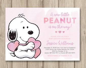 Invitación para baby shower de Snoopy, invitación para baby shower de Peanuts, invitación para baby shower de niña, Nuestro Pequeño Peanut, plantilla de invitación digital