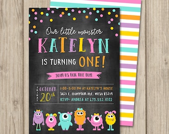 MONSTER BIRTHDAY INVITATION, Monster birthday party invitation, our little monster, girl monster 1st birthday, any age, 5x7 digital file