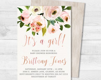 GIRL FLORAL BABY Shower Invitation, Rustic Floral Baby Shower Invitation, Floral Boho Shower, Peach Baby Shower, Digital or Printed 5x7