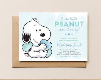 Invitación para baby shower de Snoopy, invitación para baby shower de Peanuts, invitación para baby shower de niño, nuestro pequeño Peanut, plantilla de invitación digital