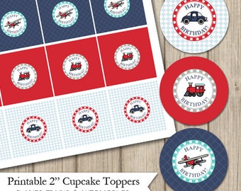 PLANES TRAINS and AUTOMOBILES Birthday Cupcake Toppers 2 inch, Transportation Birthday Decor, Printable Birthday Party Circles