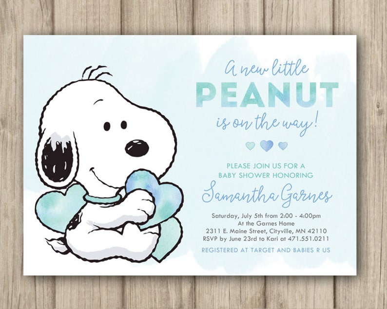 Snoopy Baby Shower Invitation, Peanuts Baby Shower Invitation, Baby Boy Shower Invitation, Our Little Peanut, Digital or Printed 5x7 image 1