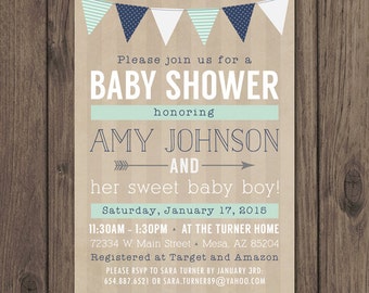 RUSTIC BABY SHOWER Invitation - Baby Boy Shower Invitation - Mint and Navy - Rustic Chic