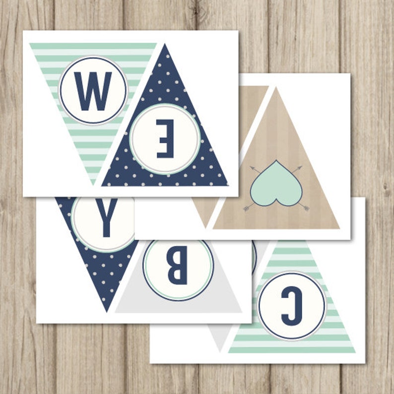 May include: A set of printable triangle banner flags in a blue, white and green colour scheme. The flags feature the letters W, E, B, Y and C, as well as a heart with arrows.