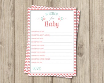 Wishes for Baby Card - Printable - Coral Ombre Chevron - INSTANT DOWNLOAD