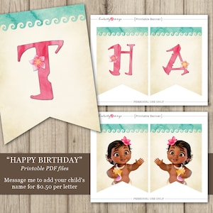 May include: Printable banner with the words "Happy Birthday" in pink letters with flowers. The banner features a cartoon image of a young girl with brown hair and a flower in her hair. The banner is decorated with a blue and white wave pattern.