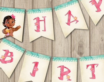 MOANA BIRTHDAY BANNER, Printable Baby Moana Banner Happy Birthday, Moana Birthday Decoration, Moana Invitation (sold separate)