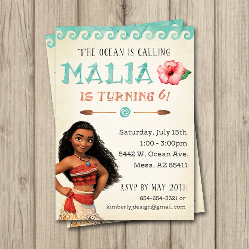 May include: A birthday invitation featuring Moana from the Disney movie Moana. The invitation is decorated with a blue and teal ocean wave pattern and a red hibiscus flower. The text reads "The ocean is calling, Malia is turning 6!"  The invitation includes the date, time, and location of the party, as well as an RSVP deadline.
