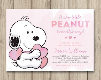 Snoopy Baby Shower Invitation, Peanuts Baby Shower Invitation, Baby Girl Shower Invitation, Our Little Peanut, Digital or Printed 5x7