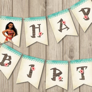 May include: A banner with the word "Happy Birthday" in brown letters with pink flowers on each letter. The banner is on a wood background with a blue and white watercolor design. The first banner features a cartoon image of Moana from the Disney movie Moana.