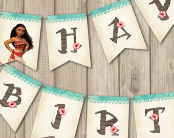 MOANA BIRTHDAY BANNER, Moana Happy Birthday Banner, Moana Birthday Decoration, Printable Moana Birthday Banner