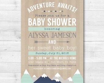 ADVENTURE AWAITS Baby Shower Invitation, Baby Boy Shower Invitation, Tribal Mountain Boy Woodland Baby Shower, Rustic Baby Boy Printable 5x7