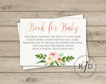 BRING A BOOK Card, Floral Baby Shower, Floral Baby Girl Shower Bring a Book, Instant Download, Peach, Cream, Blush