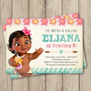 May include: A birthday invitation featuring a cartoon illustration of a young girl with brown skin and dark hair wearing a pink flower in her hair. The text on the invitation reads "The Ocean is Calling Eliana is Turning 2!" and includes details about the party, including the date, time, location, and a request to bring a swimsuit and towel.