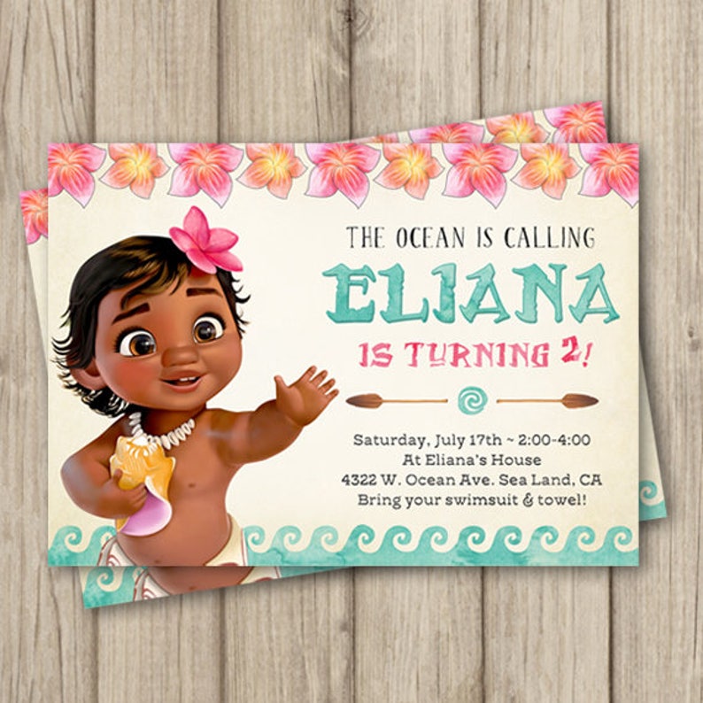 May include: A birthday invitation featuring a cartoon illustration of a young girl with brown skin and dark hair wearing a pink flower in her hair. The text on the invitation reads "The Ocean is Calling Eliana is Turning 2!" and includes details about the party, including the date, time, location, and a request to bring a swimsuit and towel.