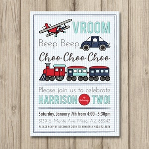 TRANSPORTATION BIRTHDAY PARTY Invitation, Planes Trains and Automobiles Birthday, Retro Transportation, Digital or Printed 5x7