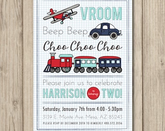 TRANSPORTATION BIRTHDAY PARTY Invitation, Planes Trains and Automobiles Birthday, Retro Transportation, Digital or Printed 5x7