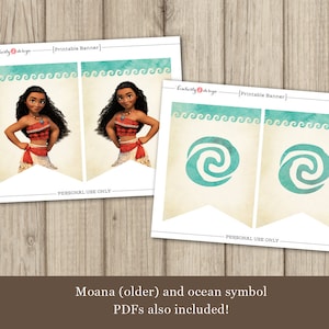 May include: Printable banner featuring Moana from Disney's Moana, with a teal ocean wave design and the text "Printable Banner" and "Personal Use Only".