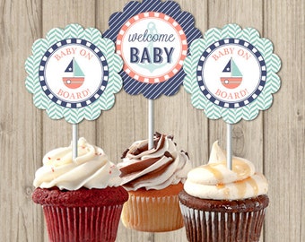 NAUTICAL BABY SHOWER Cupcake Toppers - Printable - Instant download