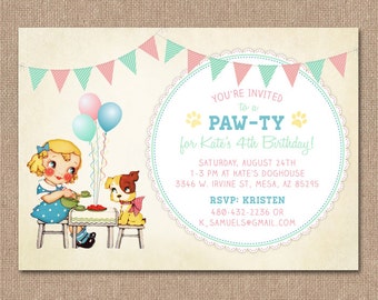 PUPPY BIRTHDAY PARTY Invitation - Vintage Girl Birthday Party - Digital Print