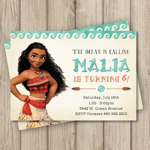 May include: A birthday invitation featuring Moana from Disney's Moana. The invitation is decorated with a blue and white watercolor wave pattern. The text reads "The Ocean is Calling Malia is Turning 6!" with details for the party including the date, time, and location.